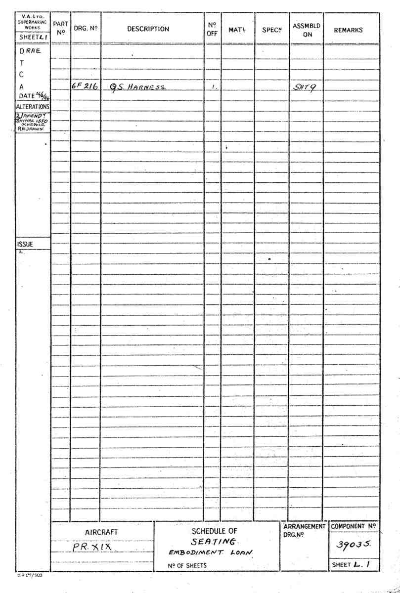Spitfire Type 390 Mk XIX Blueprints 39035 L1 Schedule of Seating A4 Photo Print