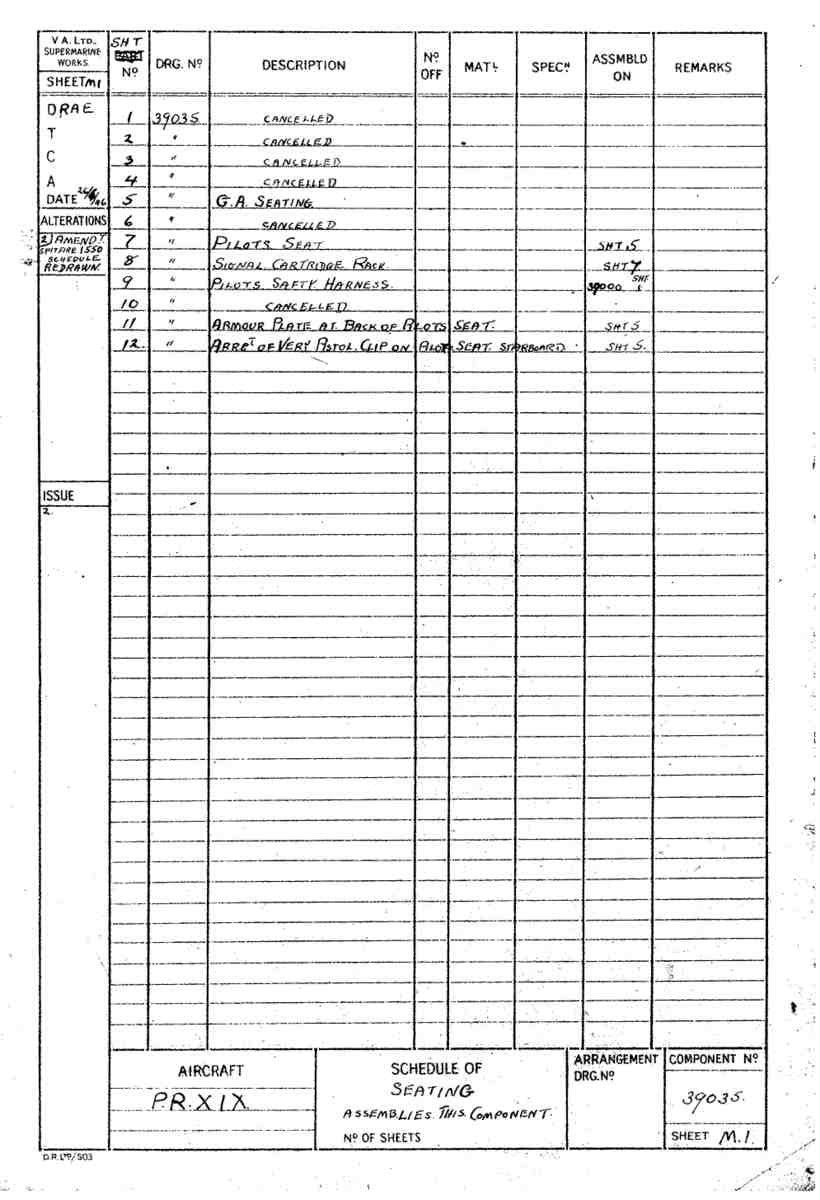 Spitfire Type 390 Mk XIX Blueprints 39035 M1 Schedule of seating A4 Photo Print