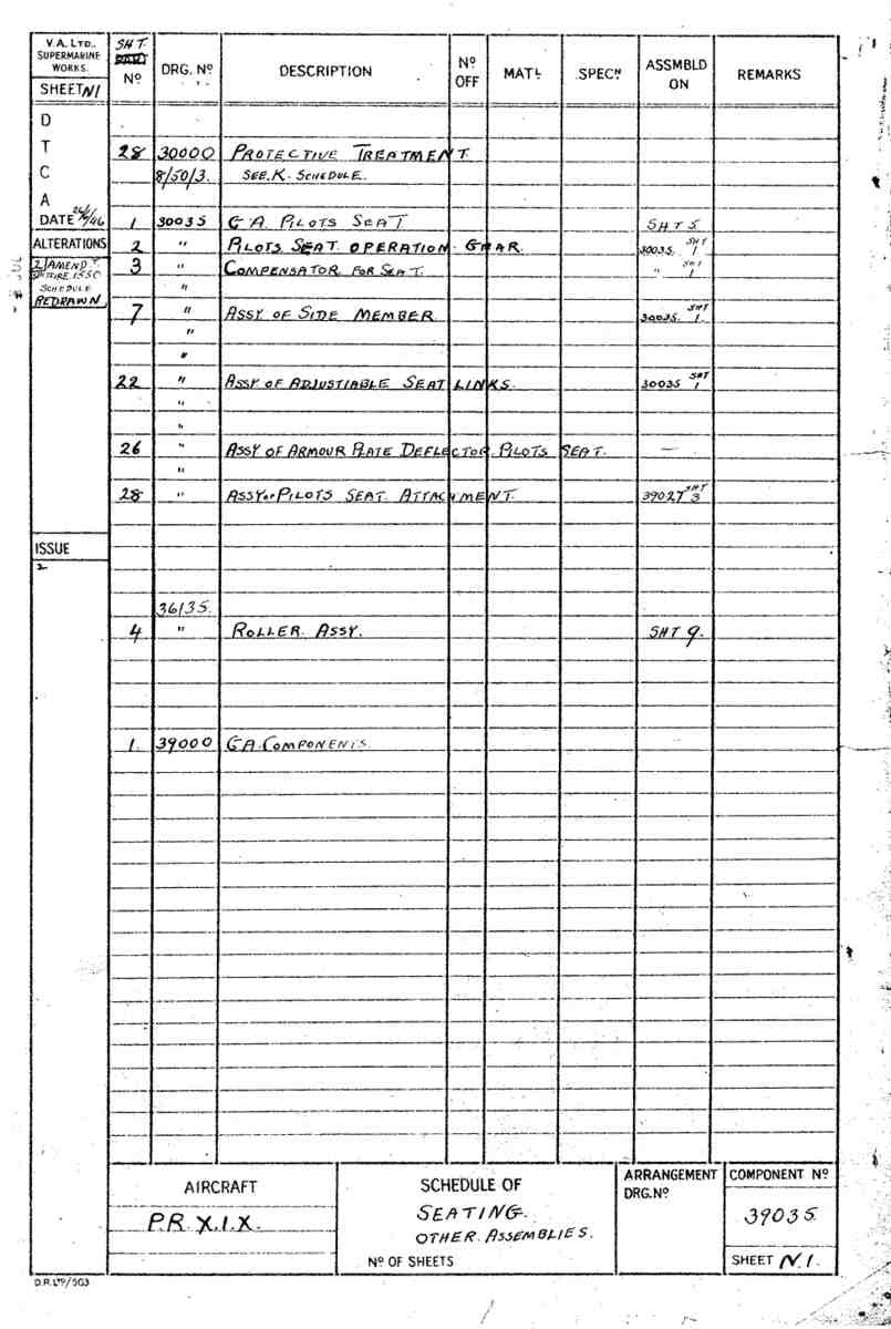 Spitfire Type 390 Mk XIX Blueprints 39035 N1 Schedule of seating A4 Photo Print