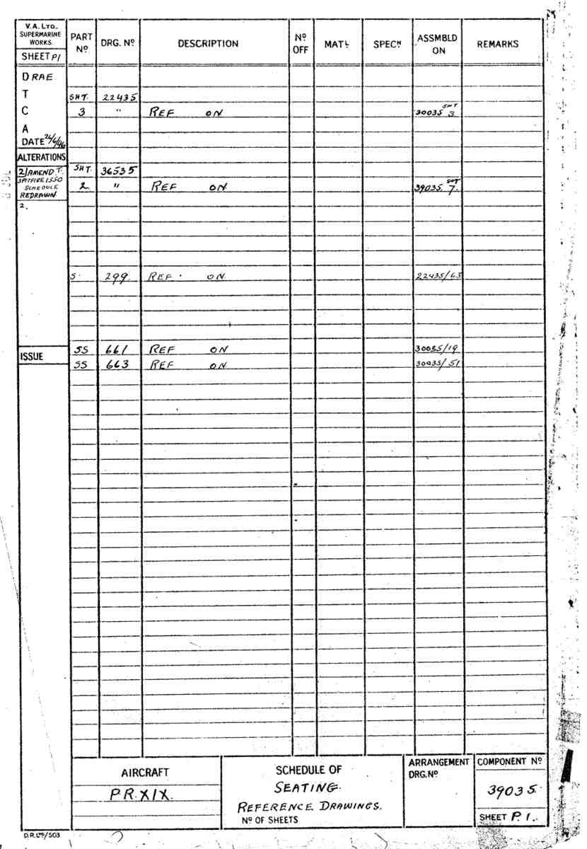 Spitfire Type 390 Mk XIX Blueprints 39035 P1 Schedule of Seating A4 Photo Print