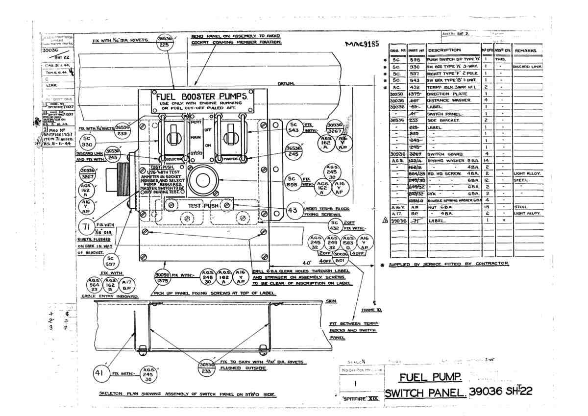 Spitfire Type 390 Mk XIX Blueprints 39036 22  Fuel Pump Switch Panel A4 Photo Print