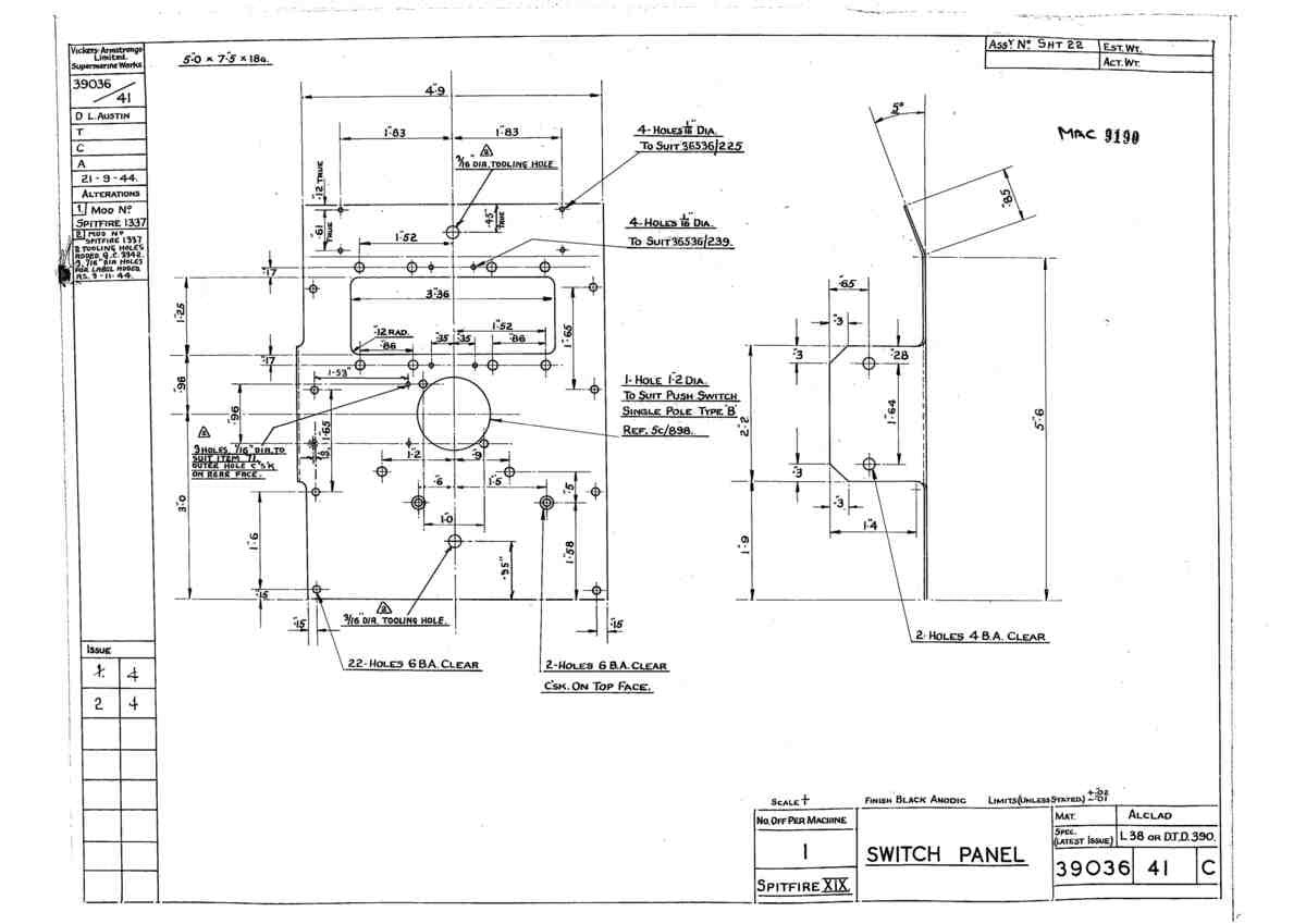 Spitfire Type 390 Mk XIX Blueprints 39036 41 C Switch panel A4 Photo Print