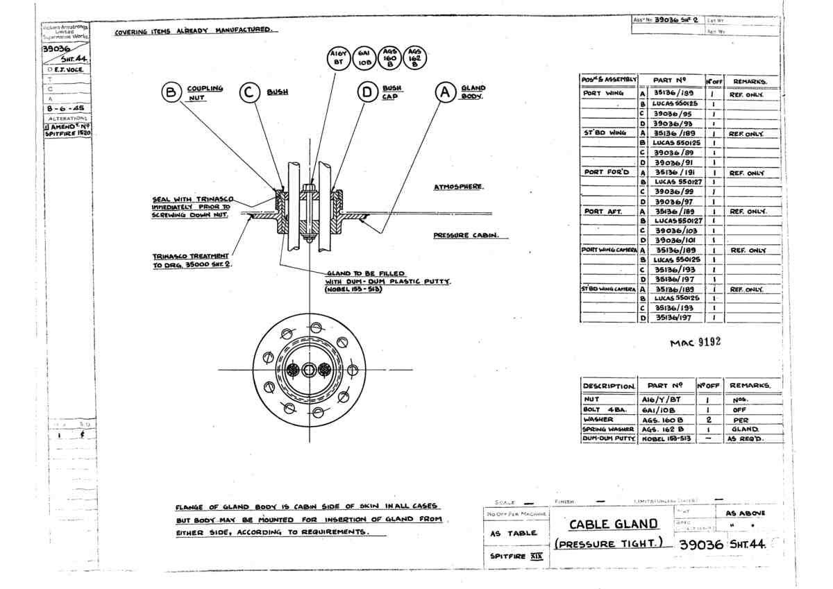 Spitfire Type 390 Mk XIX Blueprints 39036 44 C Cable Gland Pressure Tight A4 Photo Print