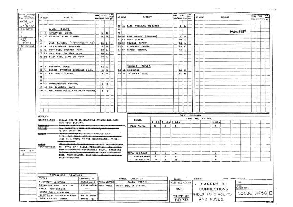 Spitfire Type 390 Mk XIX Blueprints 39036 50 C Diagram of Connections Index to Circuits and Fuses A4 Photo Print
