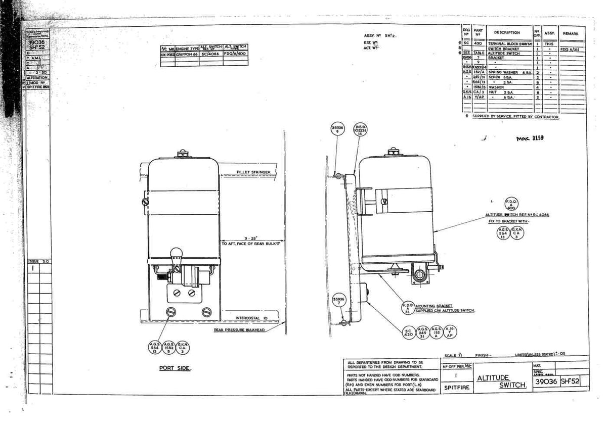Spitfire Type 390 Mk XIX Blueprints 39036 52Altitude Switch A4 Photo Print