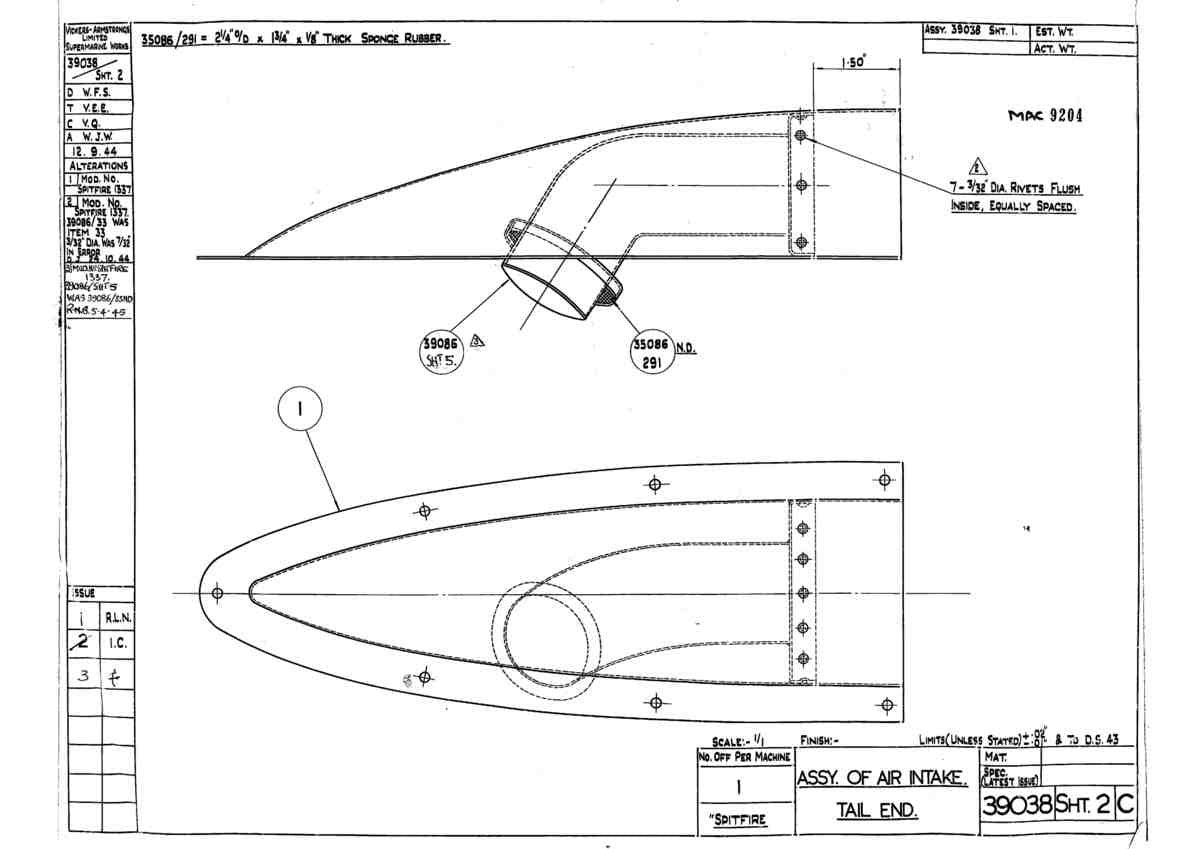 Spitfire Type 390 Mk XIX Blueprints 39038 2 C Assy of Air Intake Tail End A4 Photo Print