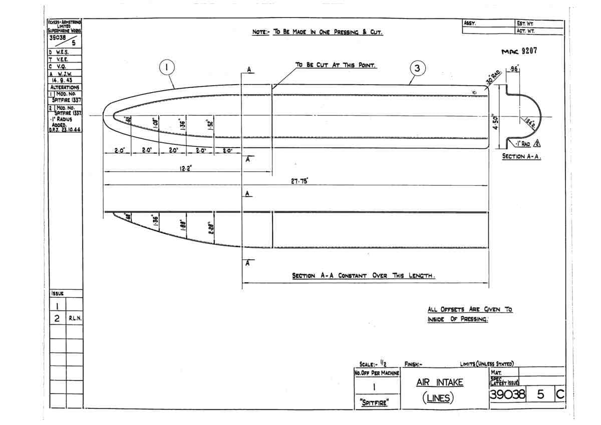 Spitfire Type 390 Mk XIX Blueprints 39038 5 C Air Intake Lines A4 Photo Print