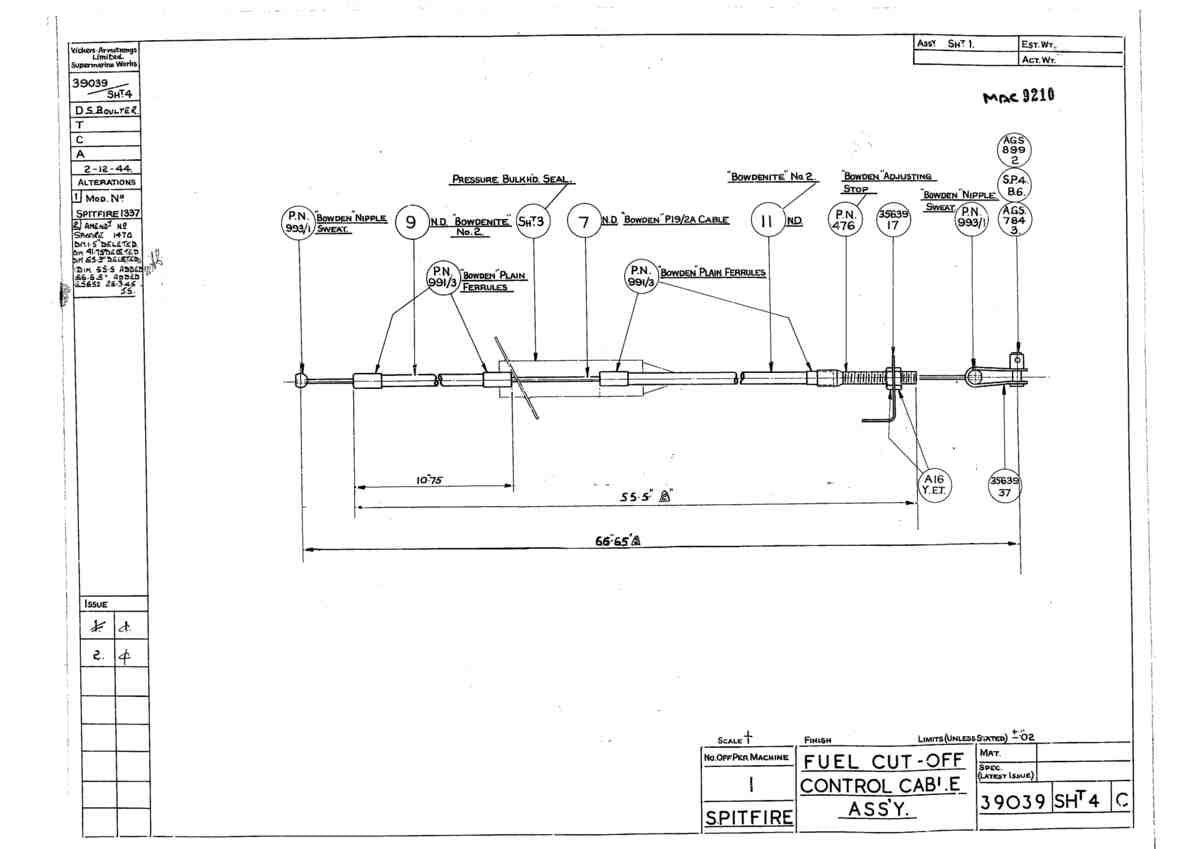 Spitfire Type 390 Mk XIX Blueprints 39039 4 C Fuel Cut  Off Control Cable Assembly A4 Photo Print