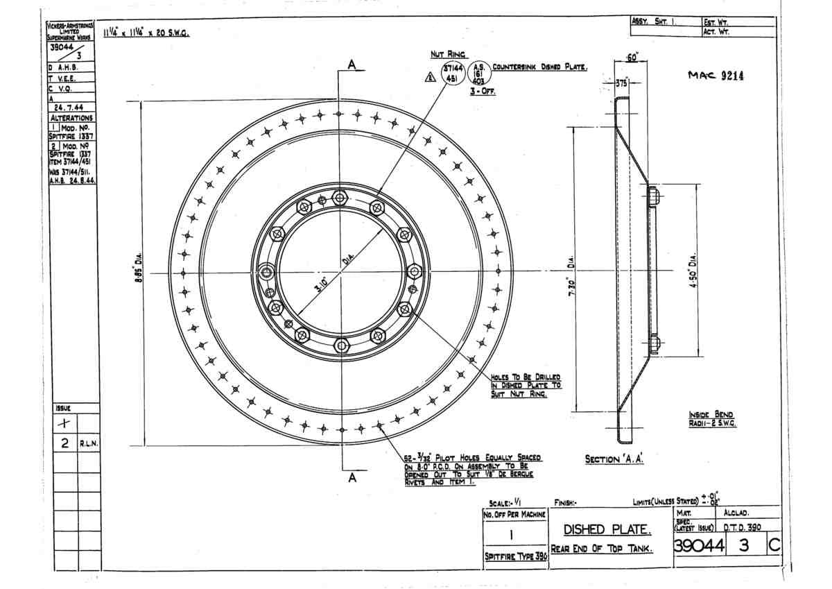 Spitfire Type 390 Mk XIX Blueprints 39044 3 C Dished Plate A4 Photo Print