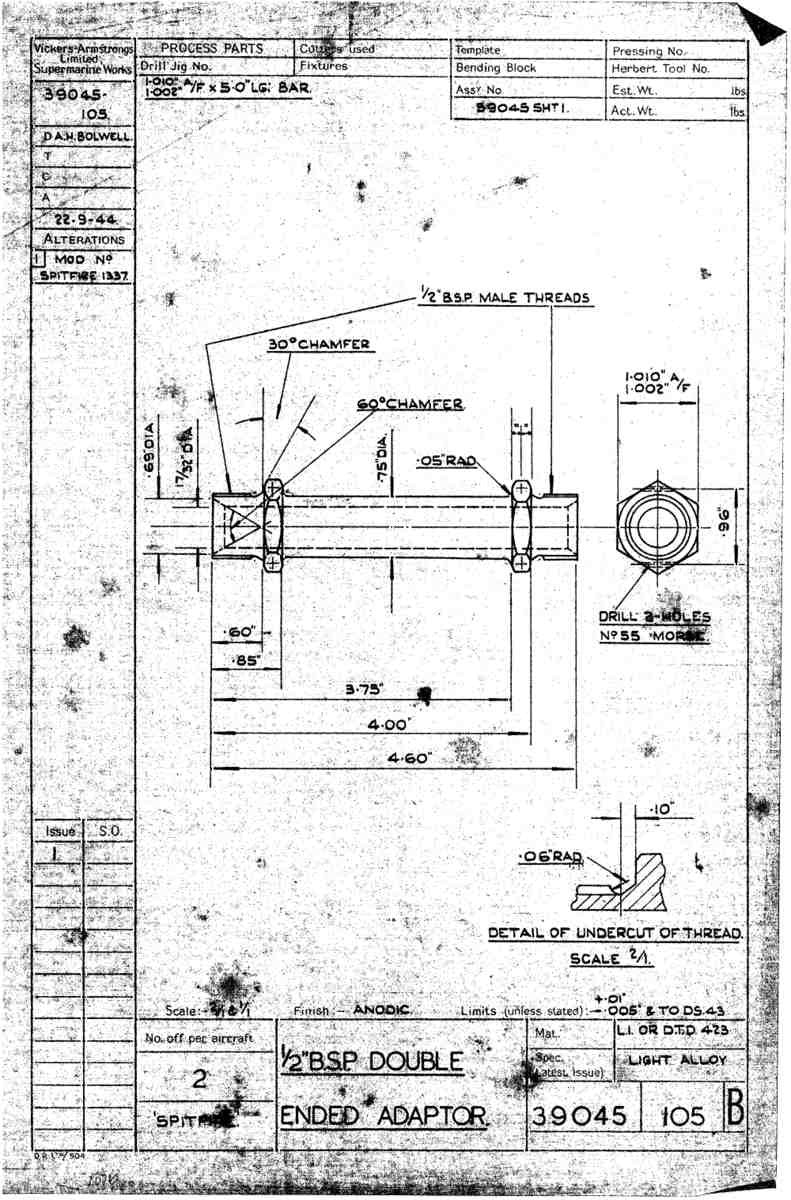 Spitfire Type 390 Mk XIX Blueprints 39045 105 B 12BSP Double ended Adaptor A4 Photo Print