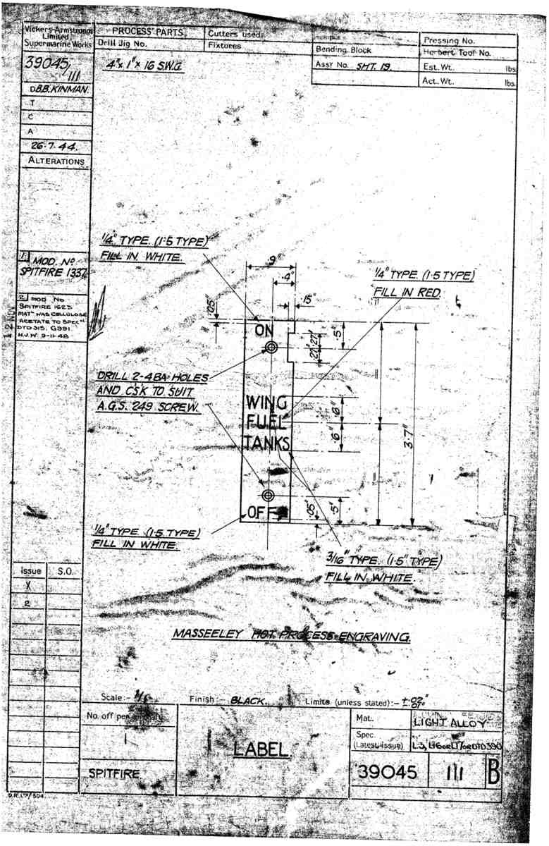 Spitfire Type 390 Mk XIX Blueprints 39045 111 B Label A4 Photo Print