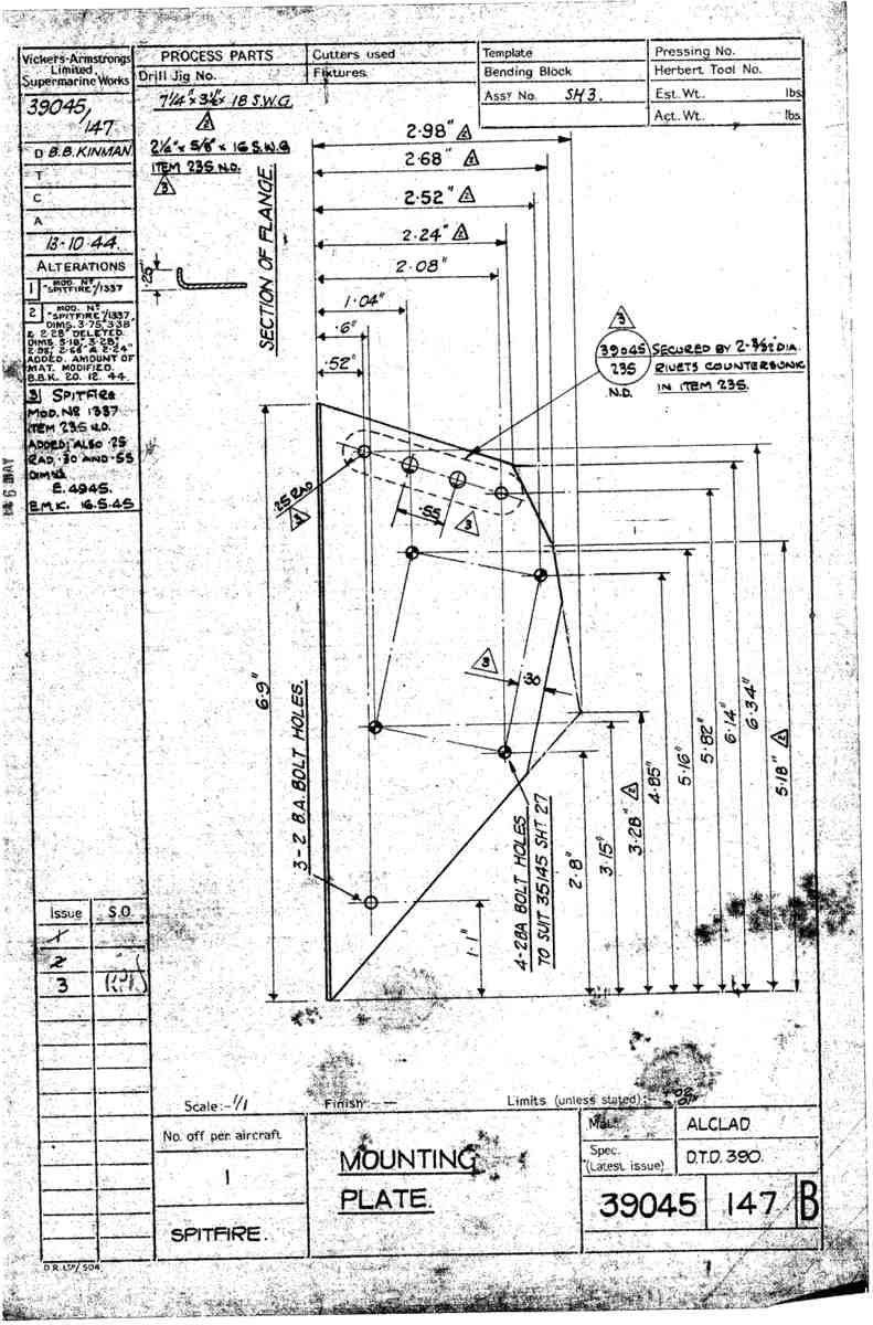 Spitfire Type 390 Mk XIX Blueprints 39045 147 B Mounting Plate A4 Photo Print