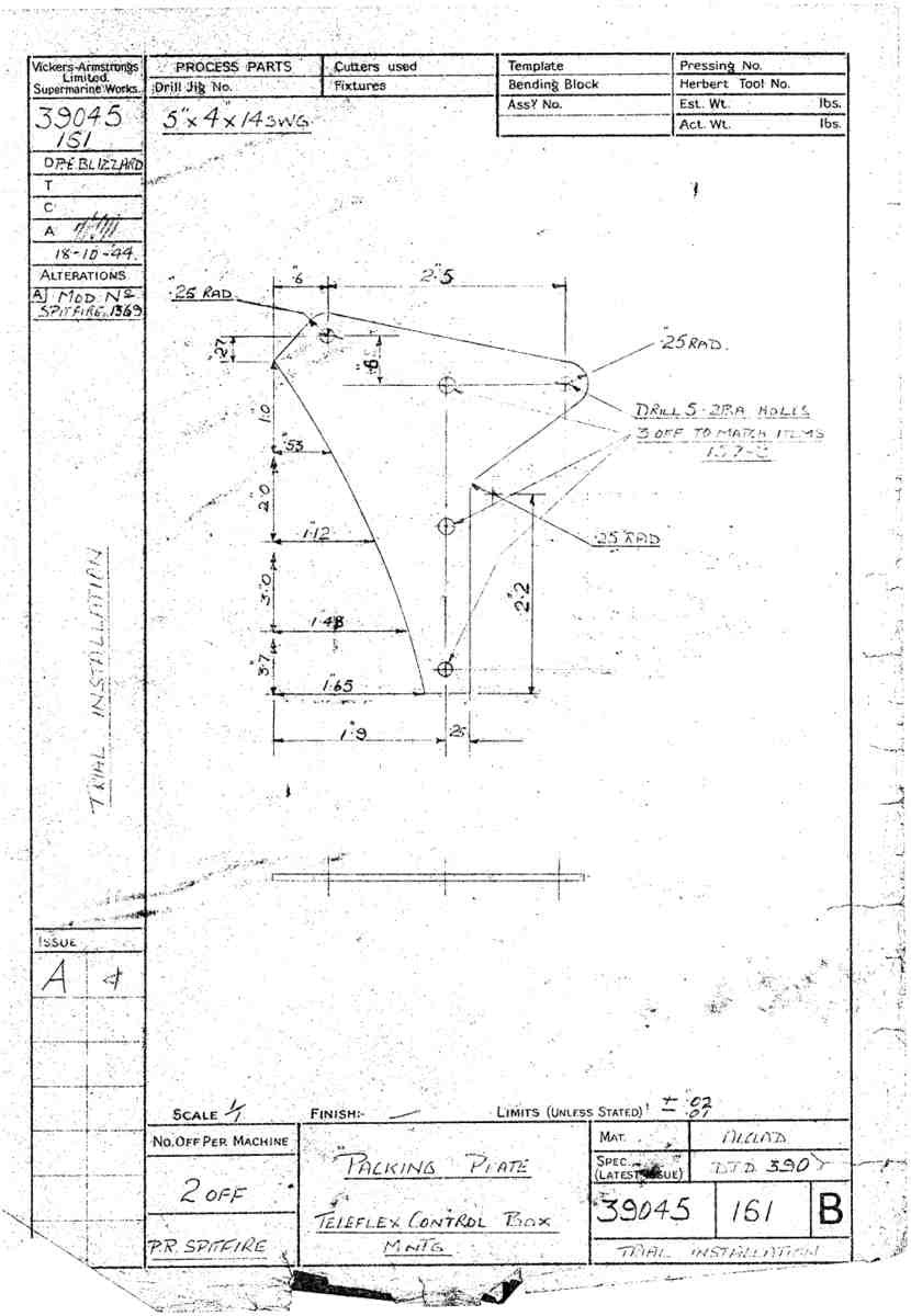 Spitfire Type 390 Mk XIX Blueprints 39045 161 B Packing Plate Teleflex Control box MTG A4 Photo Print