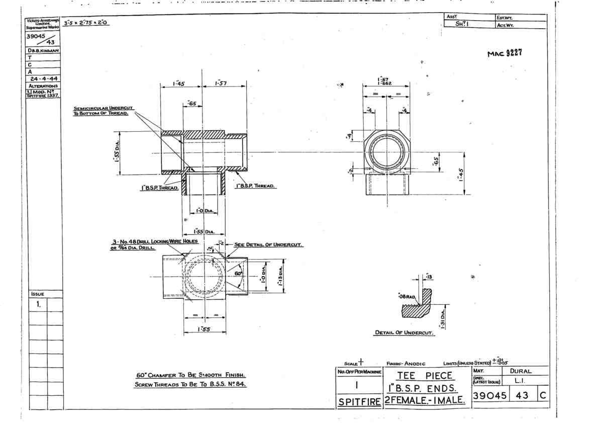 Spitfire Type 390 Mk XIX Blueprints 39045 43 C Tee Piece 1in ends 2female 1male A4 Photo Print