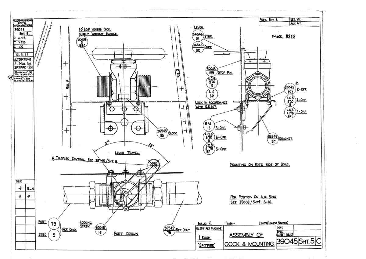 Spitfire Type 390 Mk XIX Blueprints 39045 5 C Assembly of Cock and Mounting A4 Photo Print