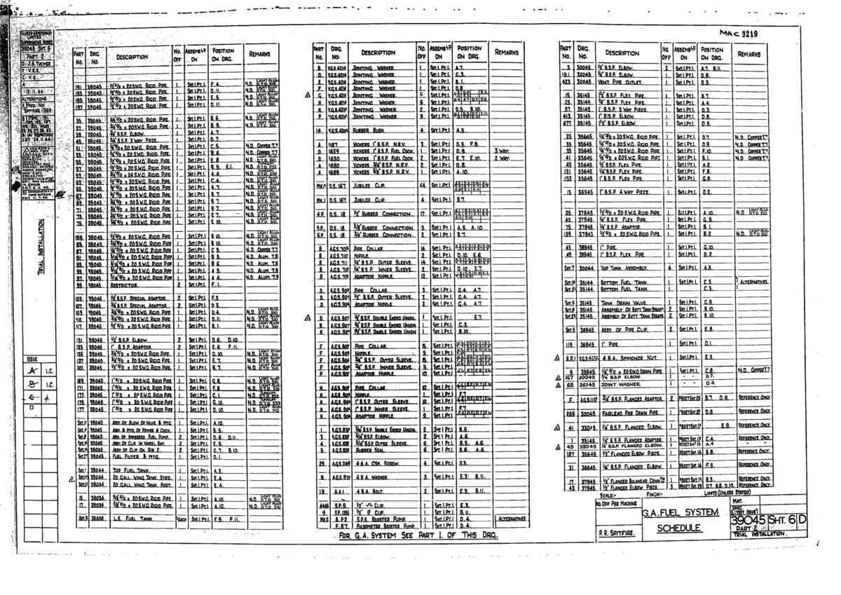 Spitfire Type 390 Mk XIX Blueprints 39045 6 D GA of Fuel Schedule A4 Photo Print