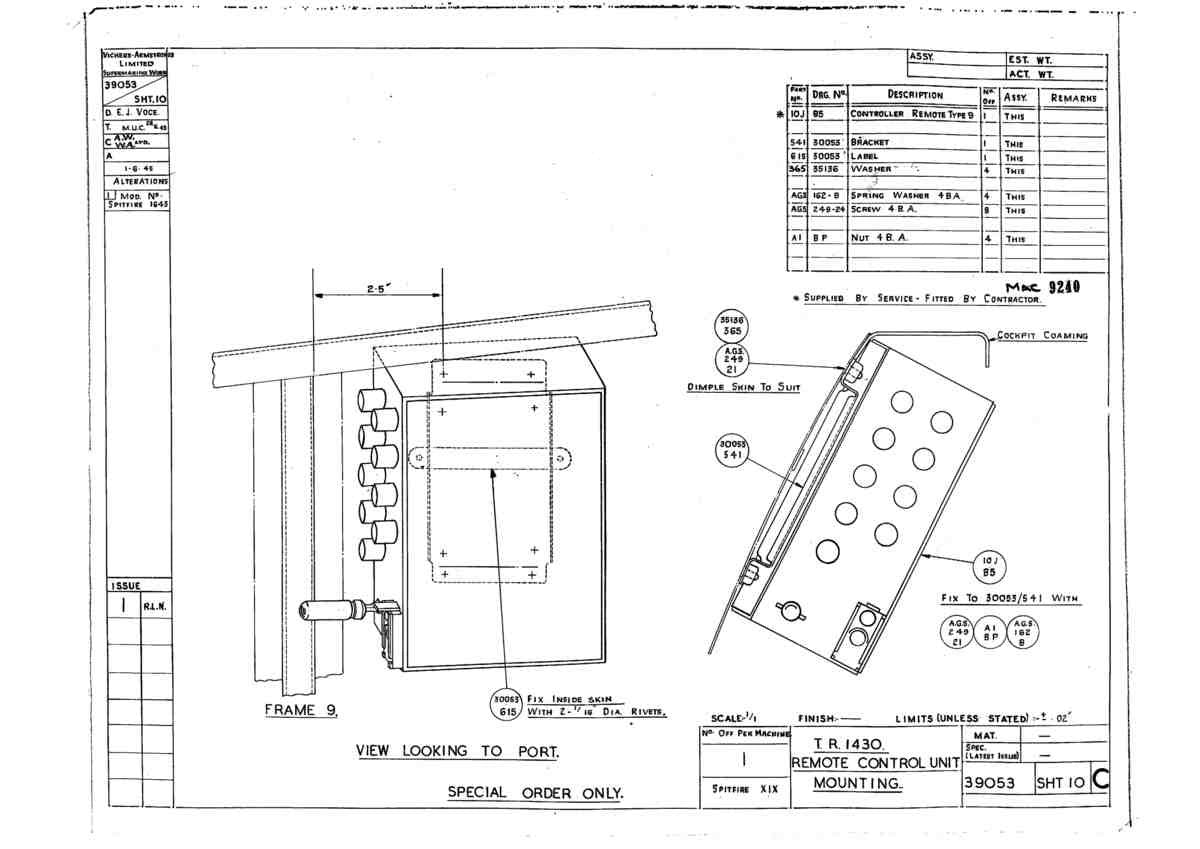 Spitfire Type 390 Mk XIX Blueprints 39053 10 C TR1430 Remote Control Unit Mounting A4 Photo Print