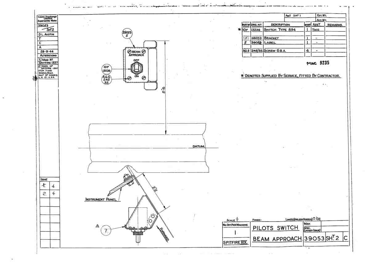 Spitfire Type 390 Mk XIX Blueprints 39053 2 C Pilots switch Beam Approach A4 Photo Print