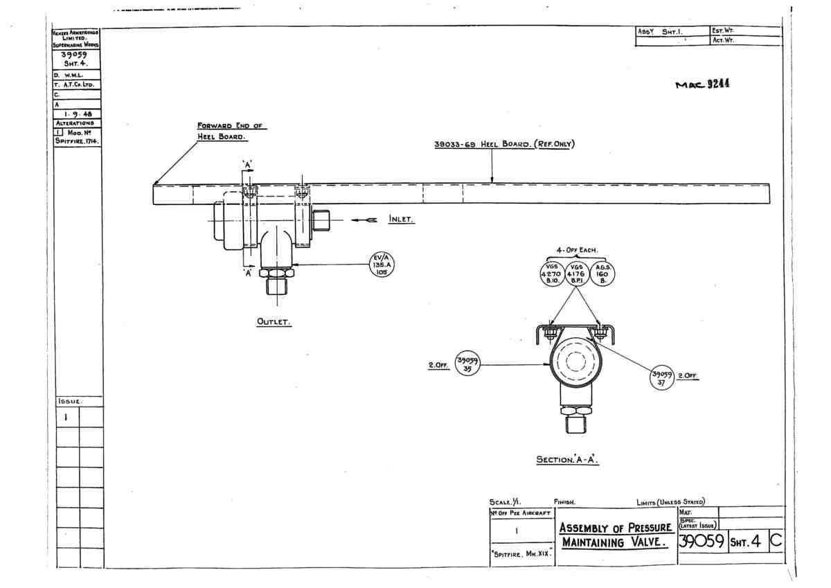 Spitfire Type 390 Mk XIX Blueprints 39059 4 C Assembly of Pressure Maintaining Valve A4 Photo Print