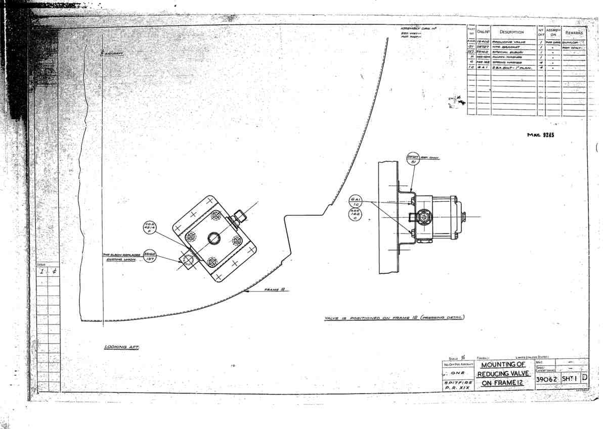 Spitfire Type 390 Mk XIX Blueprints 39062 1 D Mounting of Reducing Valve on Frame 12 A4 Photo Print