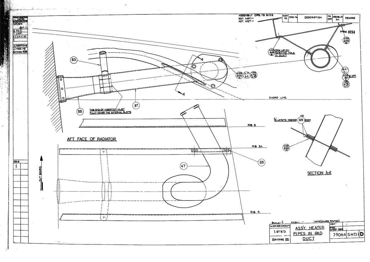 Spitfire Type 390 Mk XIX Blueprints 39064 11 D Assy Heater Pipes in Rad Duct A4 Photo Print