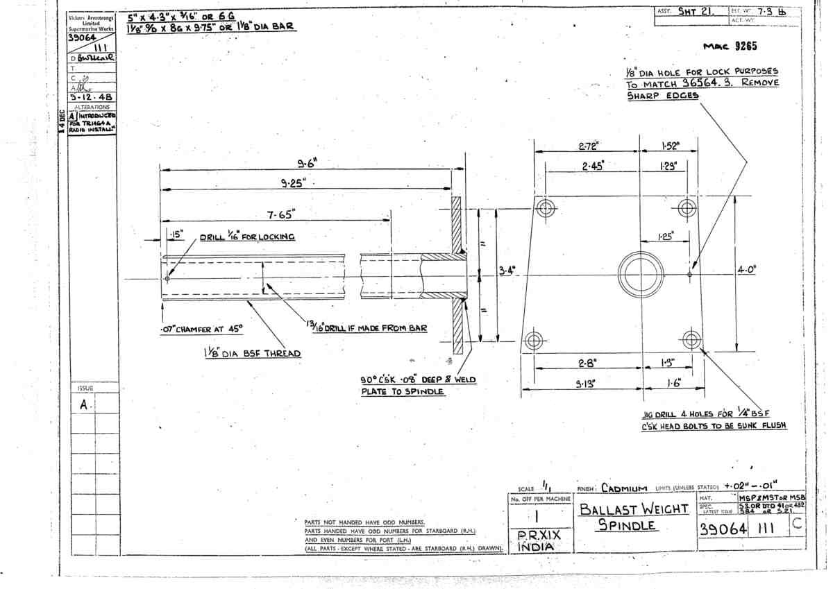 Spitfire Type 390 Mk XIX Blueprints 39064 111 C Ballast Weight Spindle A4 Photo Print
