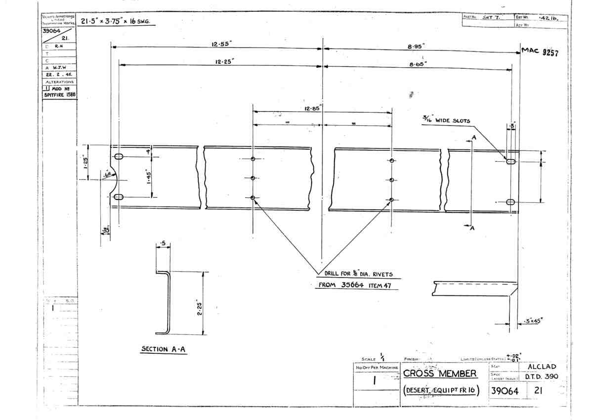 Spitfire Type 390 Mk XIX Blueprints 39064 21 C Cross Member Desert Equipment frame 16 A4 Photo Print