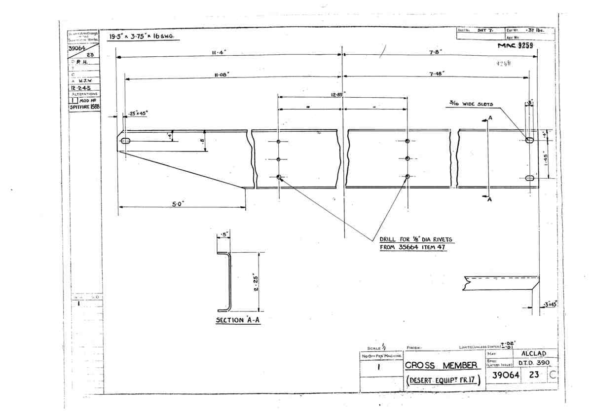 Spitfire Type 390 Mk XIX Blueprints 39064 23 C Cross Member desert equipment frame 17 A4 Photo Print
