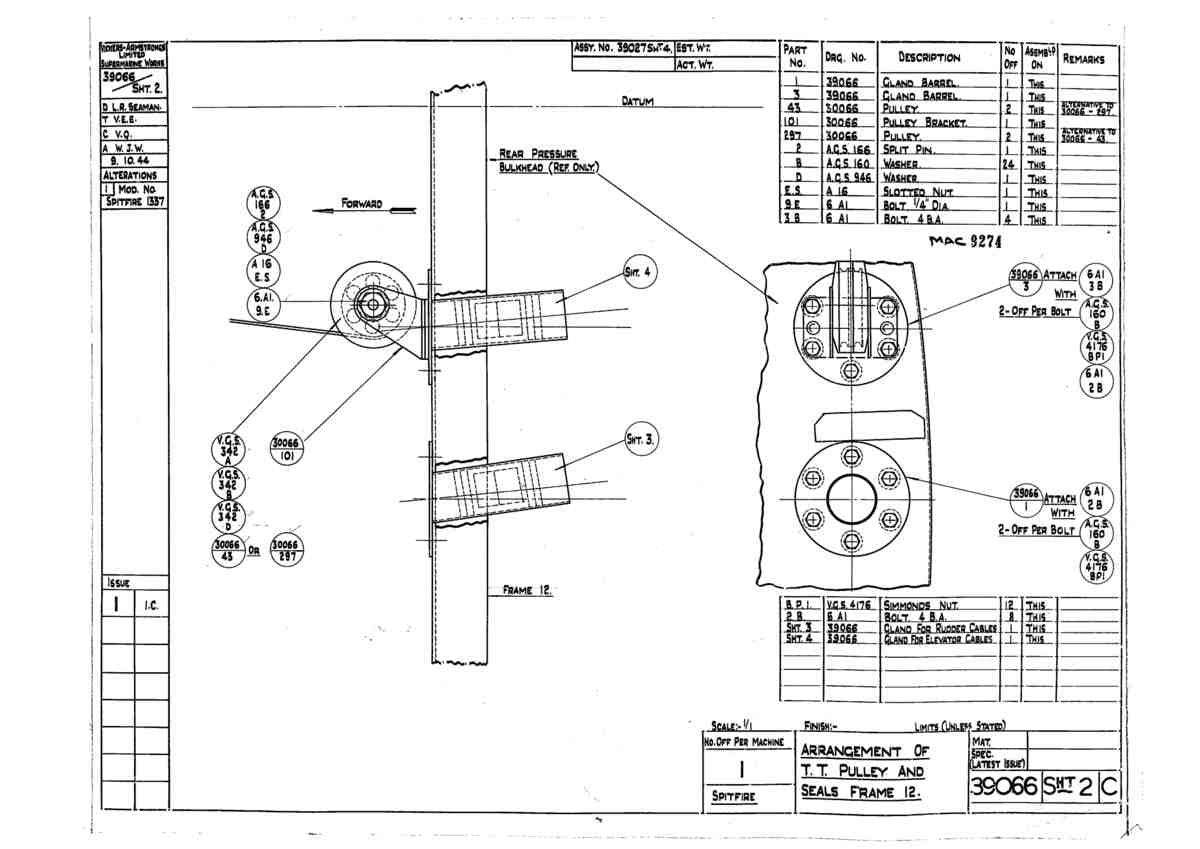Spitfire Type 390 Mk XIX Blueprints 39066 2 C Arrangement of TT Pulley and Seals Frame 12 A4 Photo Print