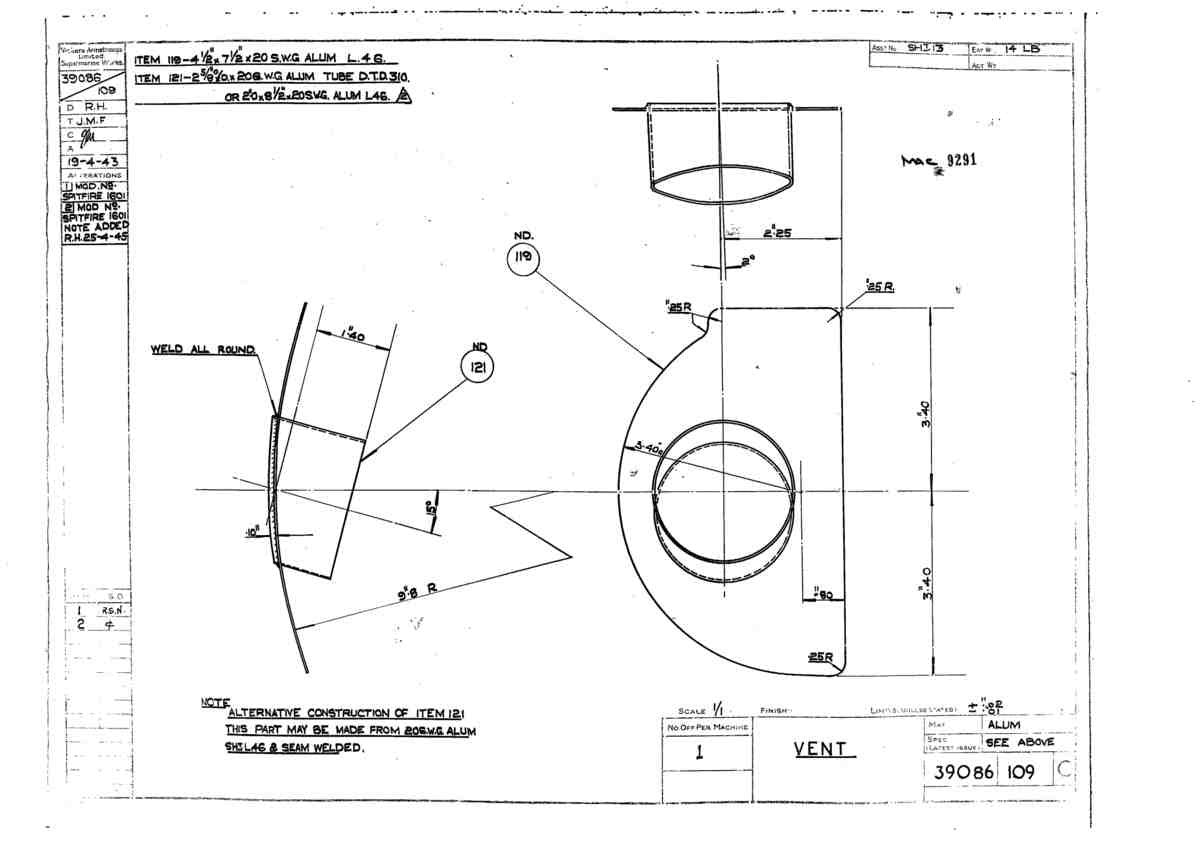 Spitfire Type 390 Mk XIX Blueprints 39086 109 C Vent A4 Photo Print