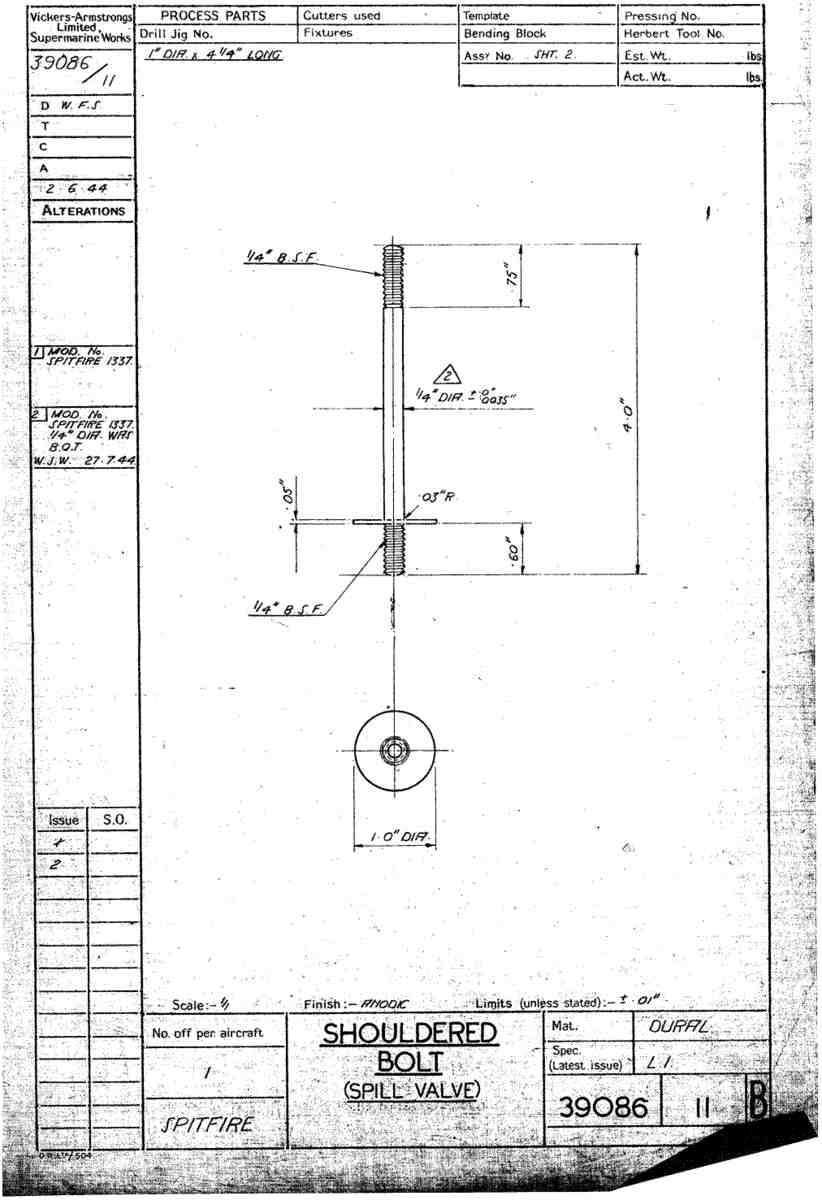 Spitfire Type 390 Mk XIX Blueprints 39086 11 B Shouldered Bolt Spill Valve A4 Photo Print