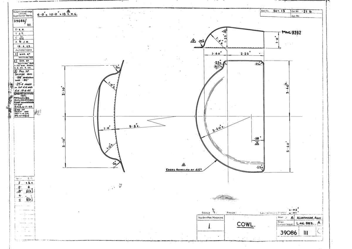 Spitfire Type 390 Mk XIX Blueprints 39086 111 C Cowl A4 Photo Print