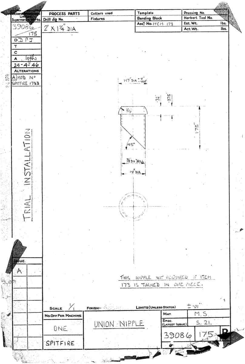 Spitfire Type 390 Mk XIX Blueprints 39086 175 B Union Nipple A4 Photo Print