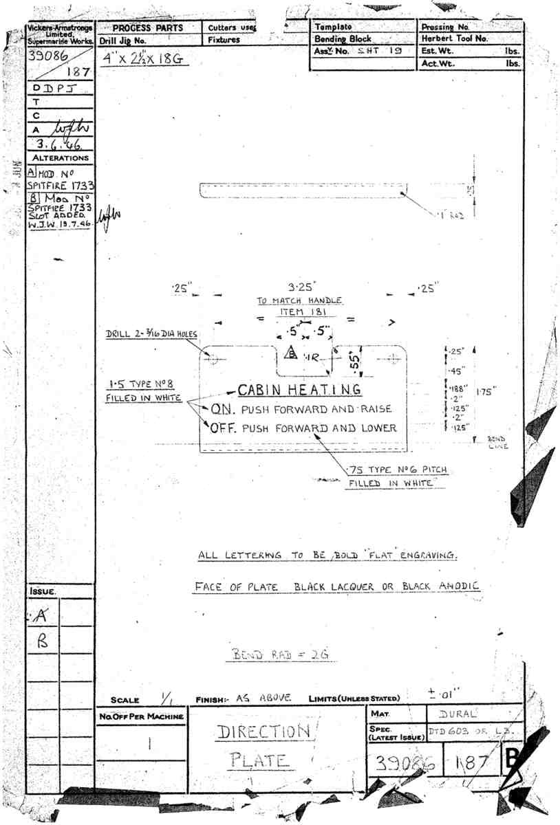 Spitfire Type 390 Mk XIX Blueprints 39086 187 B Direction Plate A4 Photo Print