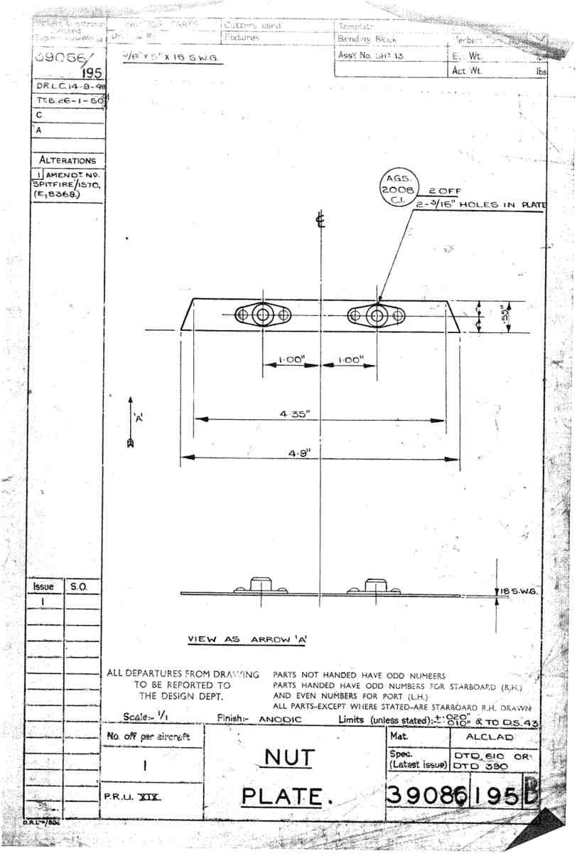Spitfire Type 390 Mk XIX Blueprints 39086 195 B Nut Plate A4 Photo Print