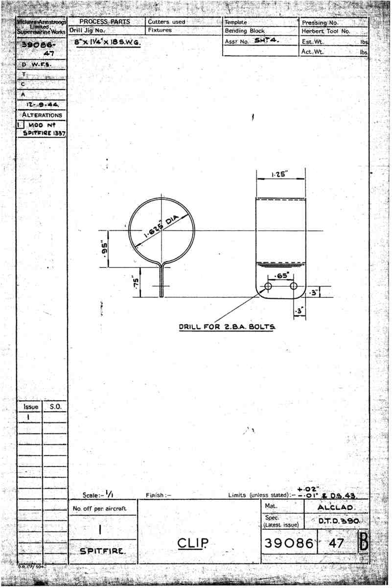 Spitfire Type 390 Mk XIX Blueprints 39086 47 B Clip A4 Photo Print