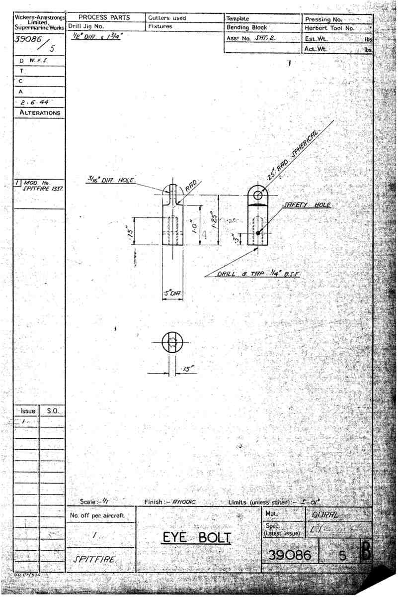 Spitfire Type 390 Mk XIX Blueprints 39086 5 B Eye Bolt A4 Photo Print
