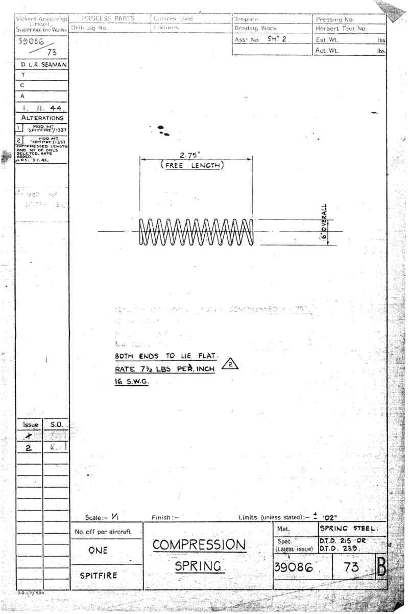 Spitfire Type 390 Mk XIX Blueprints 39086 73 B Compression Spring A4 Photo Print