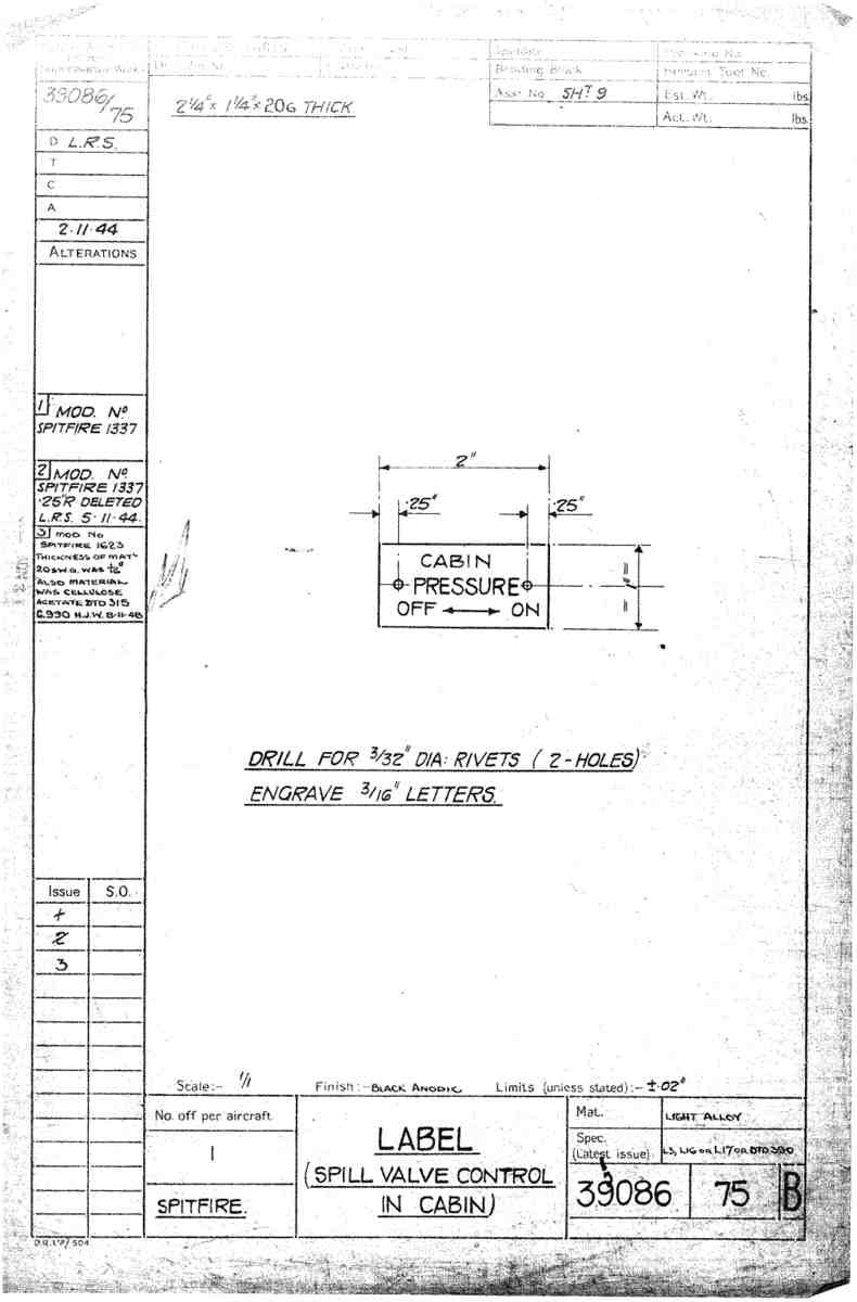Spitfire Type 390 Mk XIX Blueprints 39086 75 B Label spill valve control in cabin A4 Photo Print