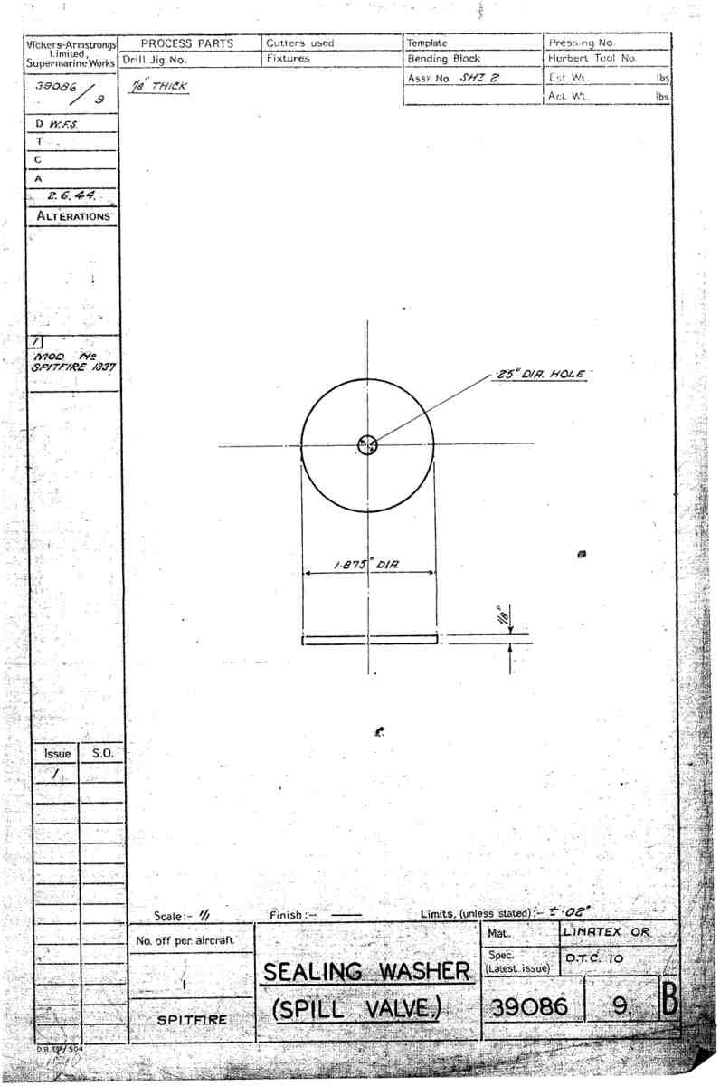 Spitfire Type 390 Mk XIX Blueprints 39086 9 B Sealing Washer spill valve A4 Photo Print