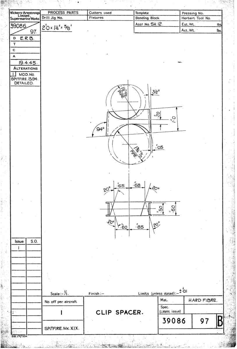 Spitfire Type 390 Mk XIX Blueprints 39086 97 B Clip spacer A4 Photo Print