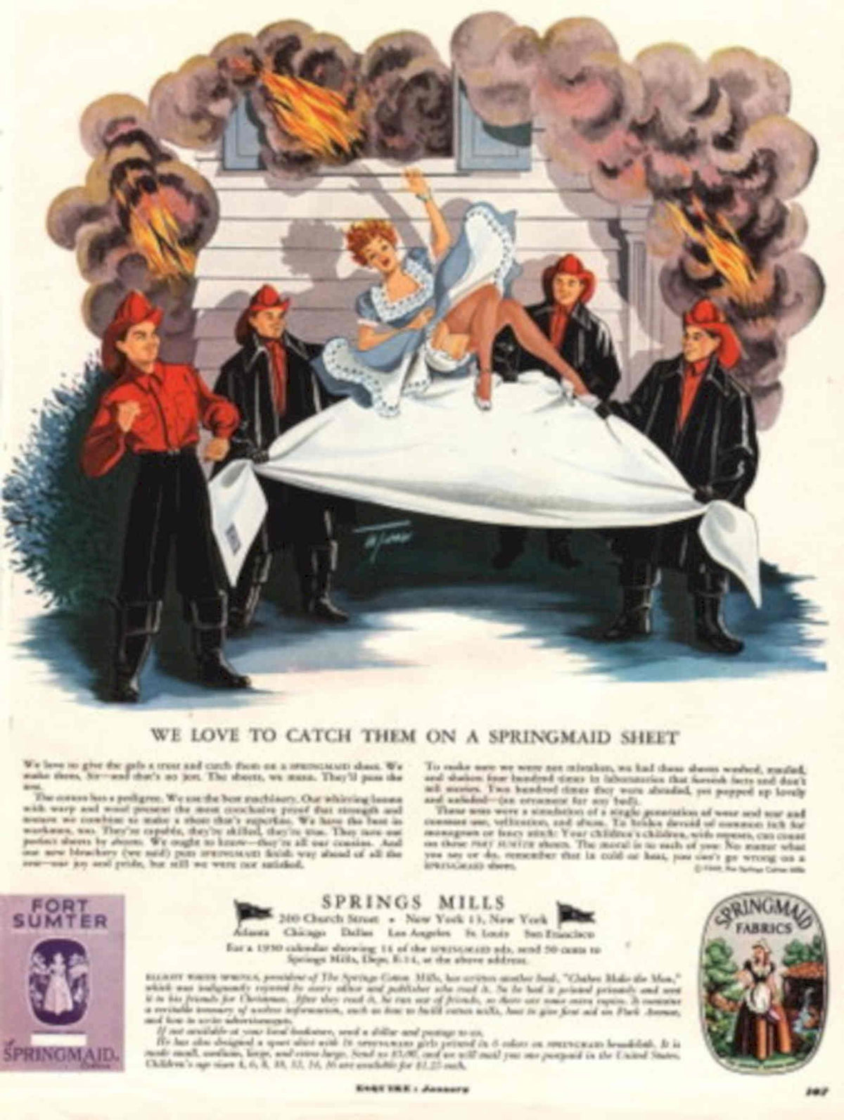 Springmaid Fire Sheet 1940s Vintage Retro Advert Poster
