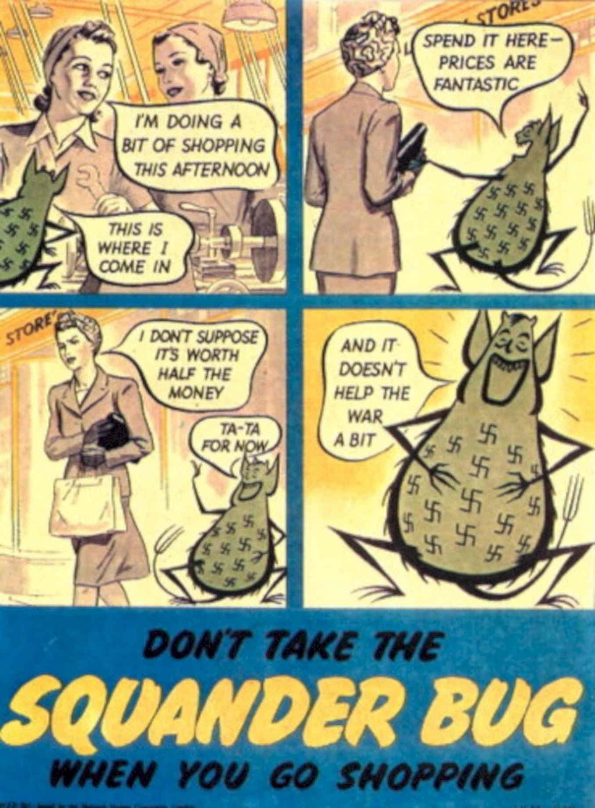 Squander Bug Shopping 1940s Vintage Retro Advert Poster