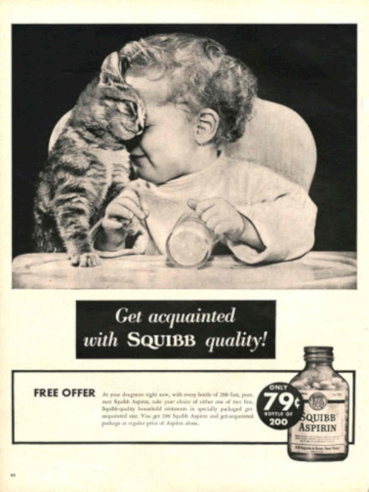 Squibb Aspirin Cat 1940s Vintage Retro Advert Poster