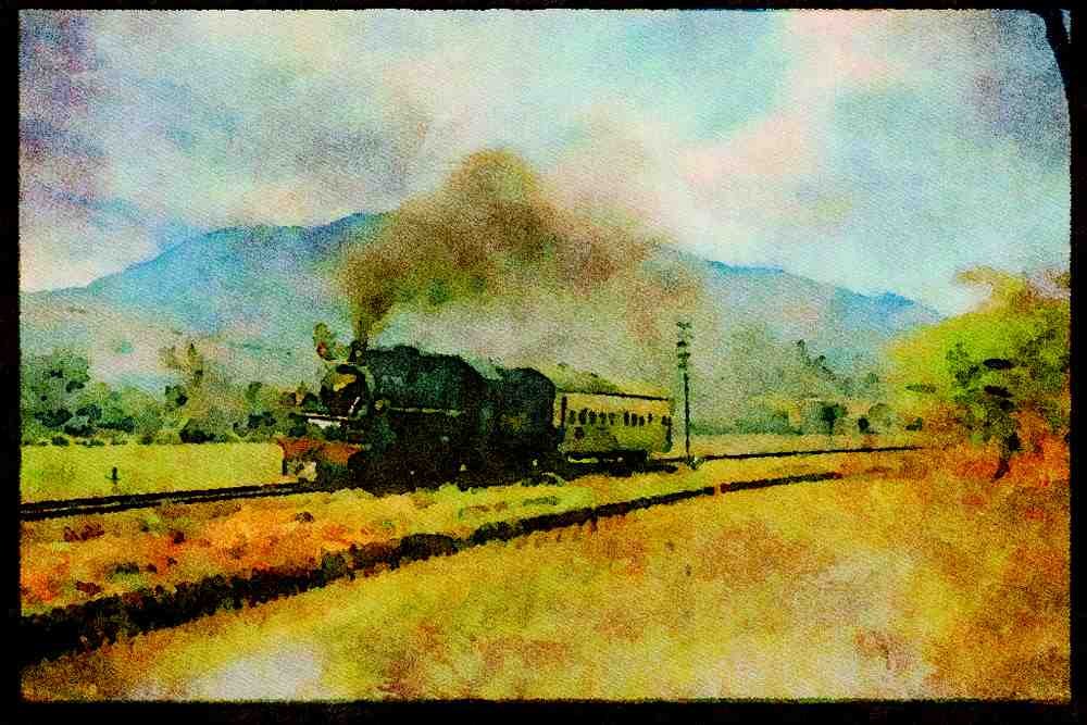 Steam Trains 182033 CC5003 Passes Paddy Fields With Its Light Load For Bandung, Java A4 Limited Edition Watercolour Print