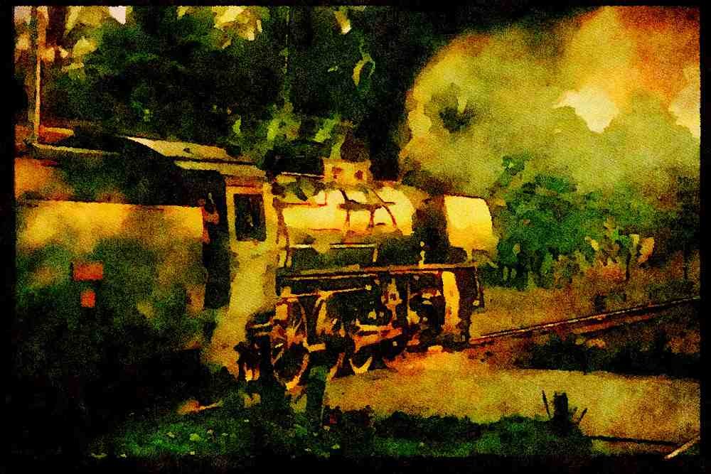 Steam Trains 182075 D52062 Catches The Evening Light As It Leaves Kroja, Java A4 Limited Edition Watercolour Print