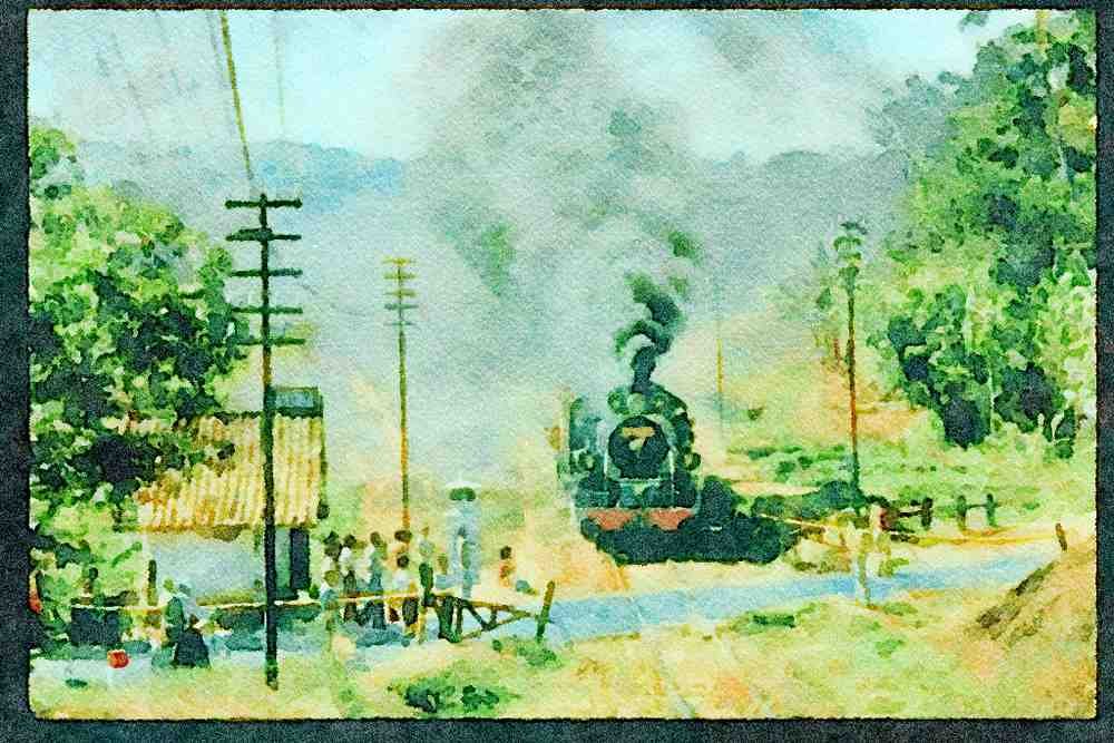 Steam Trains 182095 Scene At Road Crossing In Java As No. CC5003 Heads For Bandung A4 Limited Edition Watercolour Print