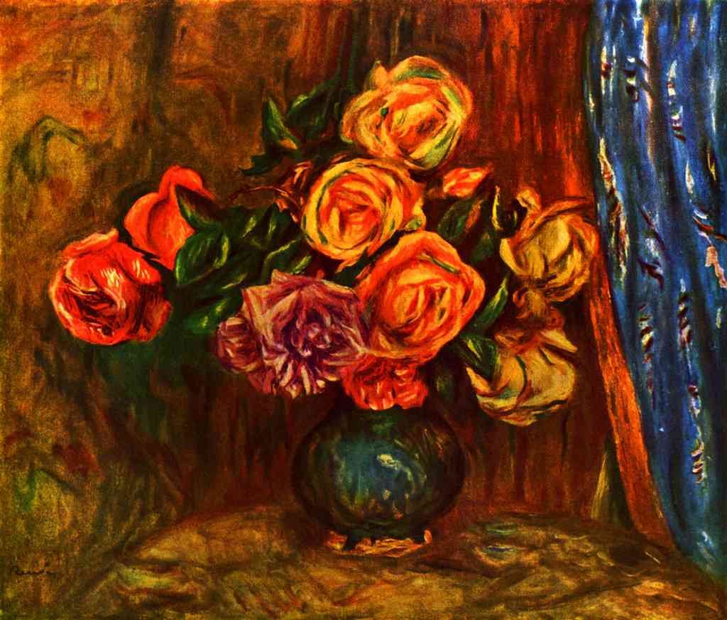 Still Life Roses Before A Blue Curtain Renoir A4 Photo Print