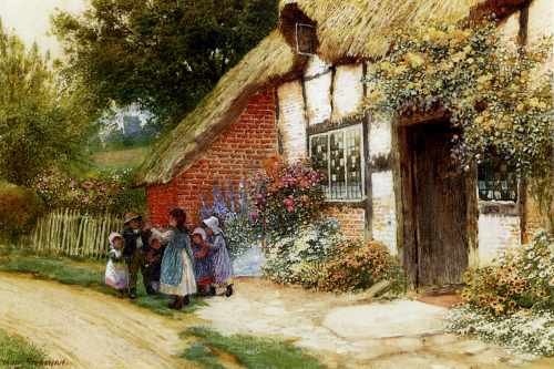 Strachan Arthur Claude Children Playing Outside A Cottage A4 Photo Print