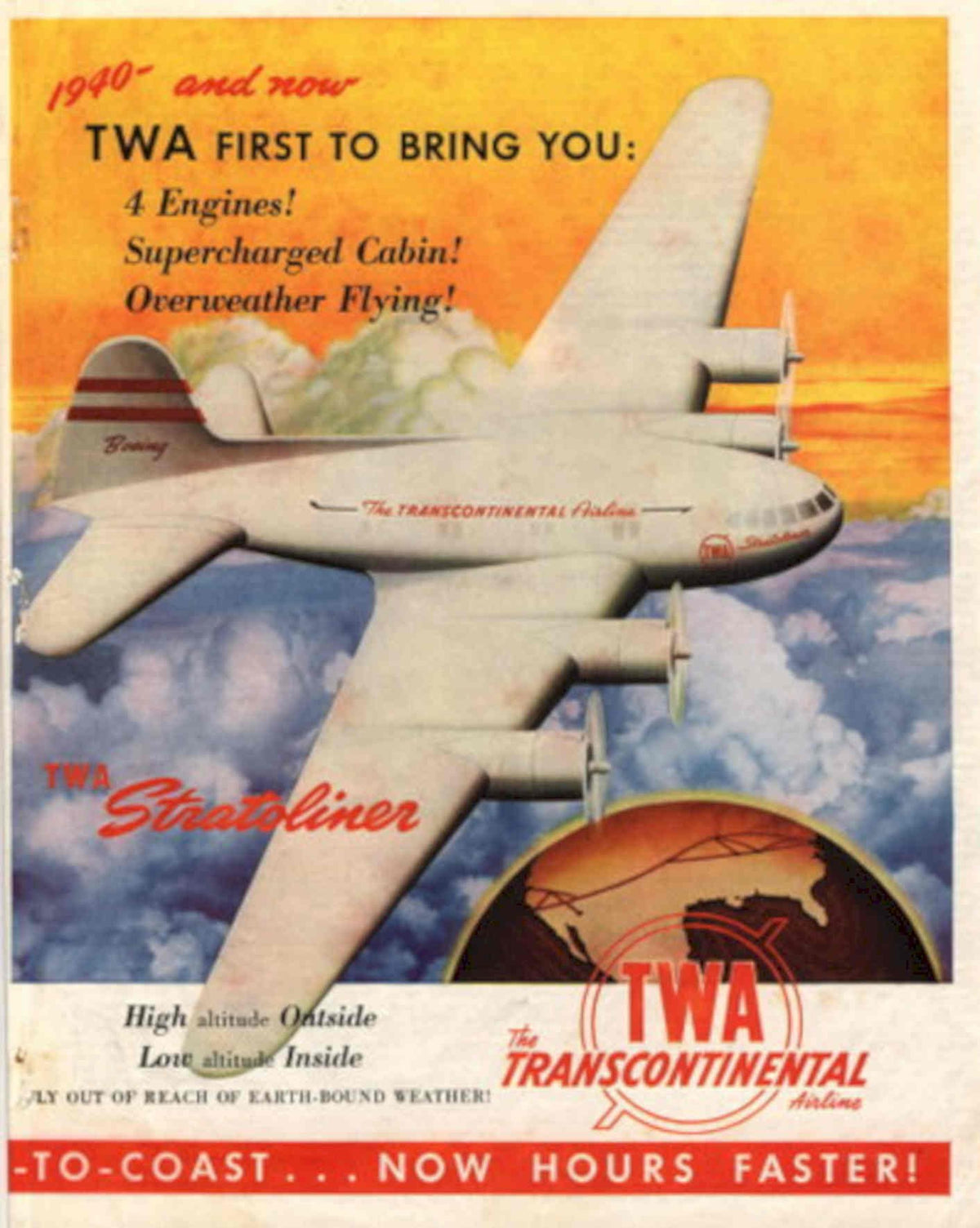 Stratolineer Boeing Sunset 1940s Vintage Retro Advert Poster